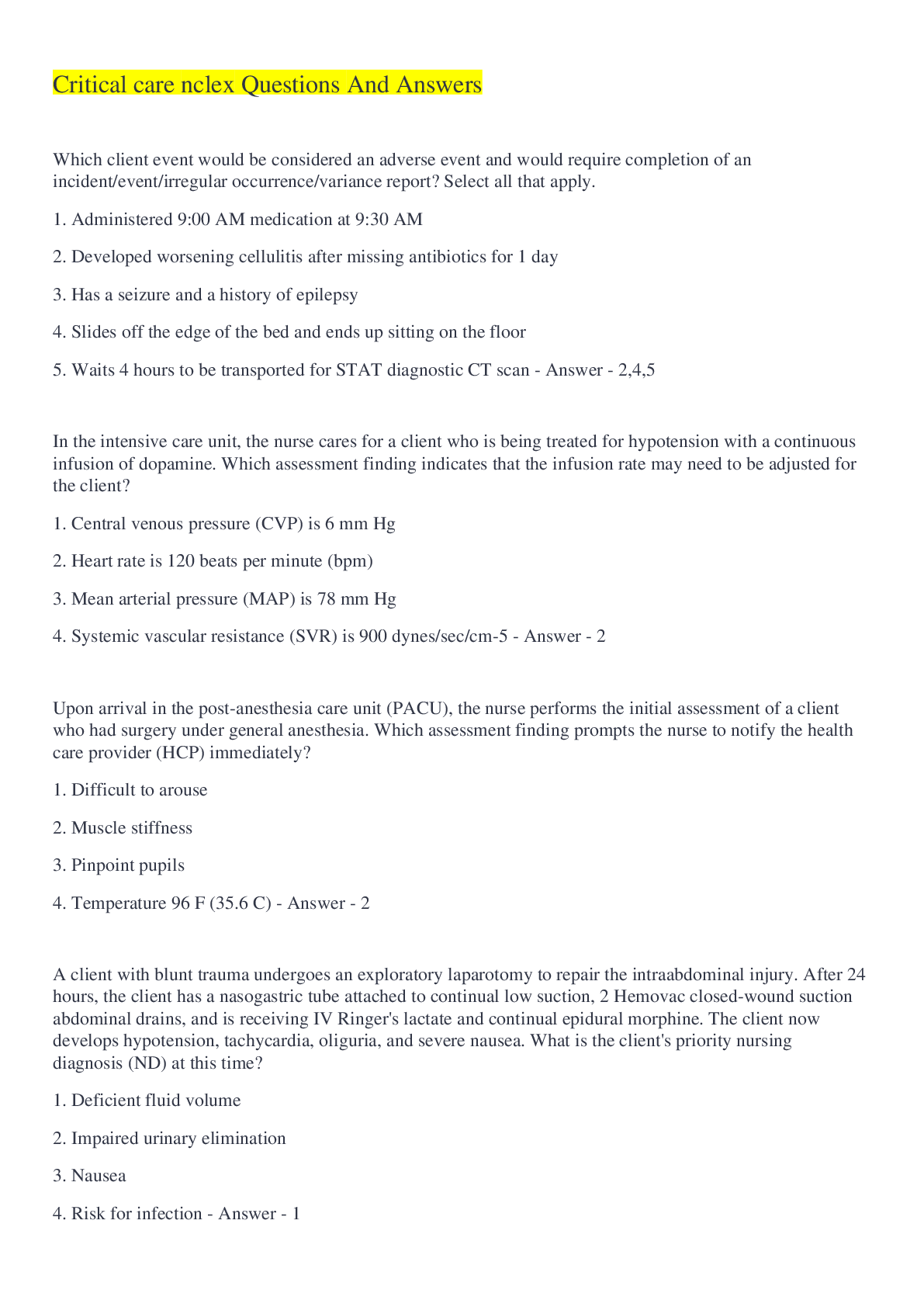 Preview image for Critical care nclex Questions And Answers 2022/2023